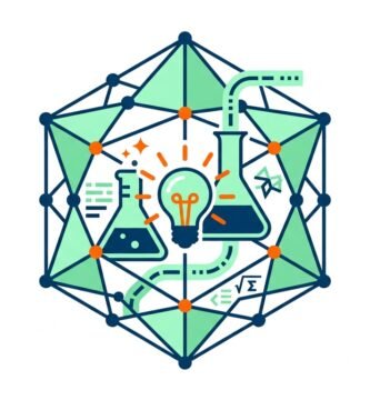 lustracion vectorial en diseno plano de educacion STEM y proyectos escolares con estructura geometrica poliedrica y bombilla de innovacion sobre fondo blanco
