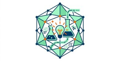 lustracion vectorial en diseno plano de educacion STEM y proyectos escolares con estructura geometrica poliedrica y bombilla de innovacion sobre fondo blanco