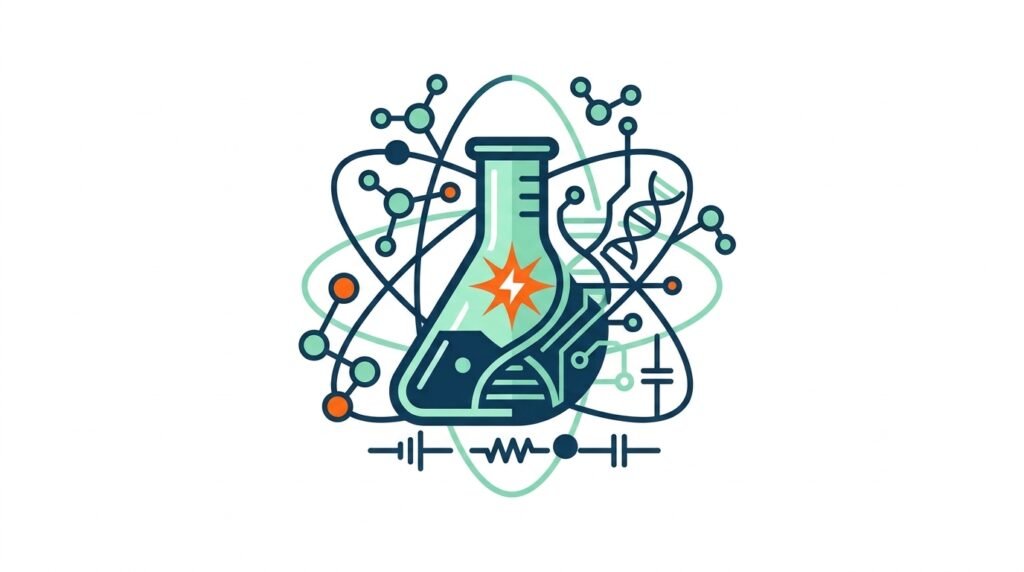 Ilustración vectorial estilo Corporate Flat Design de un matraz de química rodeado de estructuras moleculares, circuitos y órbitas para prácticas de laboratorio de bachillerato.