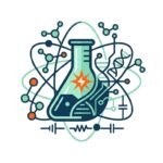 Ilustración vectorial estilo Corporate Flat Design de un matraz de química rodeado de estructuras moleculares, circuitos y órbitas para prácticas de laboratorio de bachillerato.