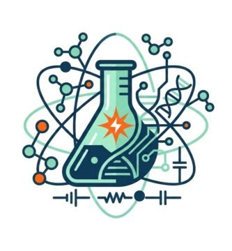 Ilustración vectorial estilo Corporate Flat Design de un matraz de química rodeado de estructuras moleculares, circuitos y órbitas para prácticas de laboratorio de bachillerato.