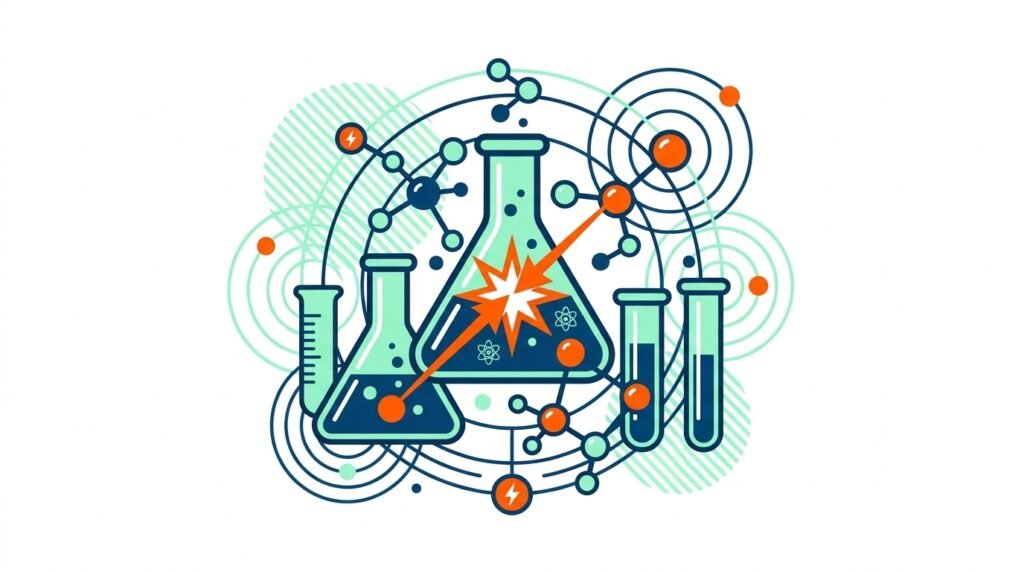 Ilustración vectorial estilo Corporate Flat Design con matraz Erlenmeyer, tubos de ensayo y moléculas para experimentos de reacciones químicas en secundaria.