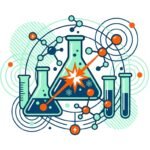 Ilustración vectorial estilo Corporate Flat Design con matraz Erlenmeyer, tubos de ensayo y moléculas para experimentos de reacciones químicas en secundaria.