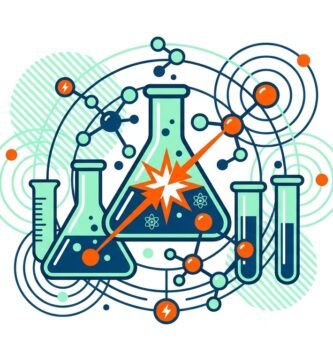 Ilustración vectorial estilo Corporate Flat Design con matraz Erlenmeyer, tubos de ensayo y moléculas para experimentos de reacciones químicas en secundaria.