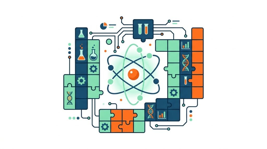Ilustración vectorial plana de elementos de la tabla periódica y estructura atómica para actividades didácticas STEM.