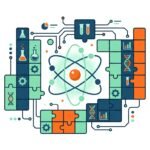 Ilustración vectorial plana de elementos de la tabla periódica y estructura atómica para actividades didácticas STEM.